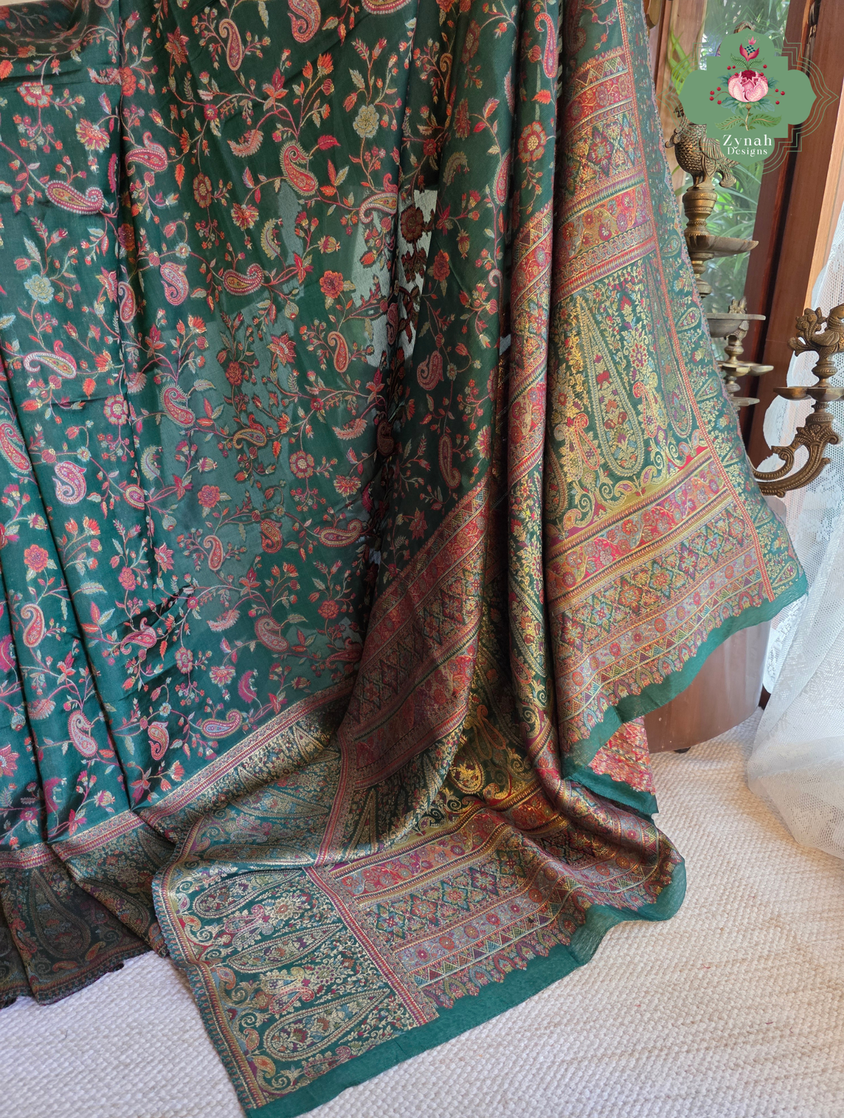 Aiza | Green Kashmiri Pure Kani Silk Jamavar Weave Saree | Made To Order
