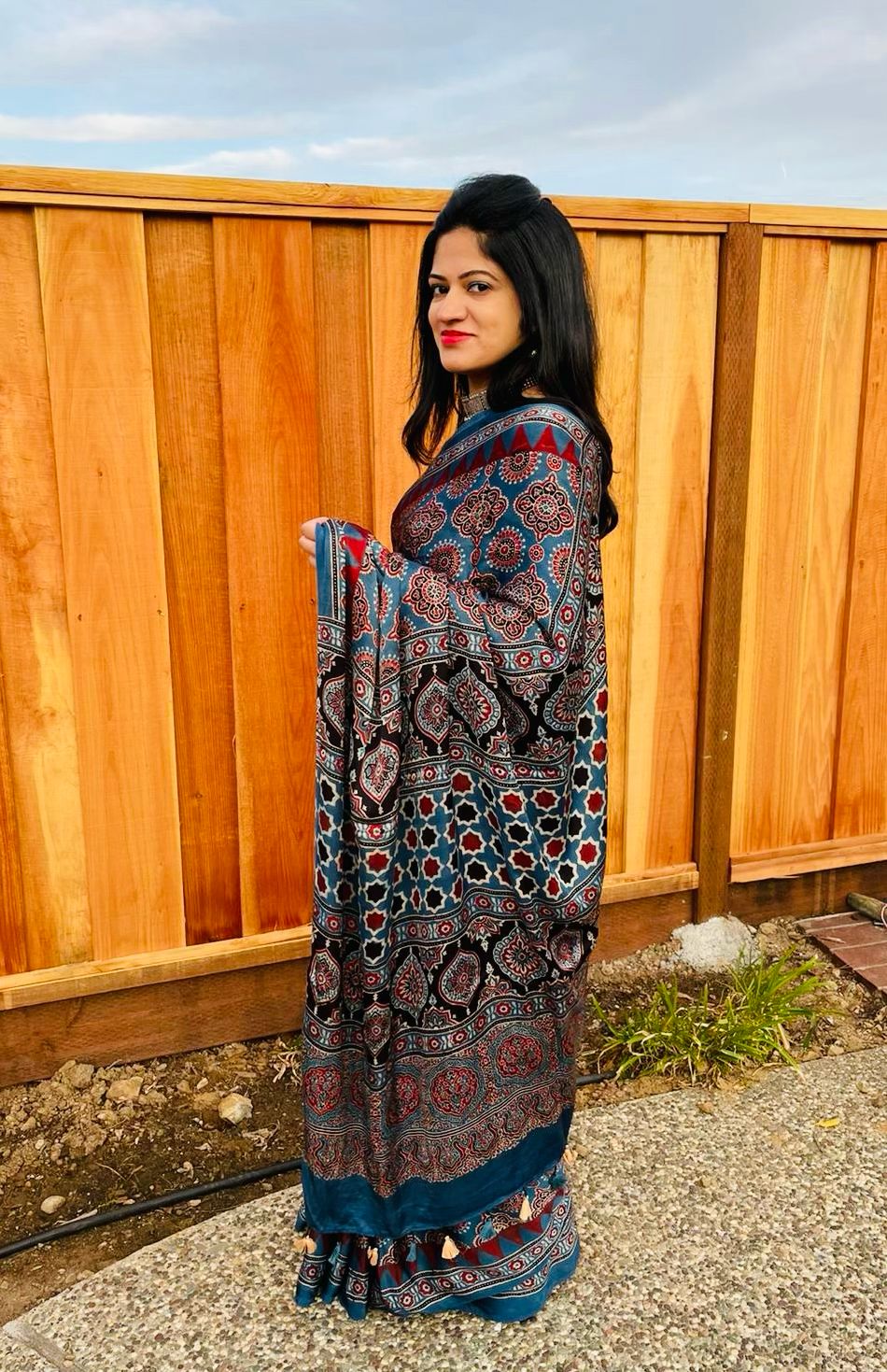 Zynah Indigo & Madder red Ajrakh Modal Silk Saree, Crafted Using The Traditional Method Of Hand Block Printing Using 100% Natural Dyes; Custom Stitched/Ready-made Blouse, Fall, Petticoat; SKU: 13022024