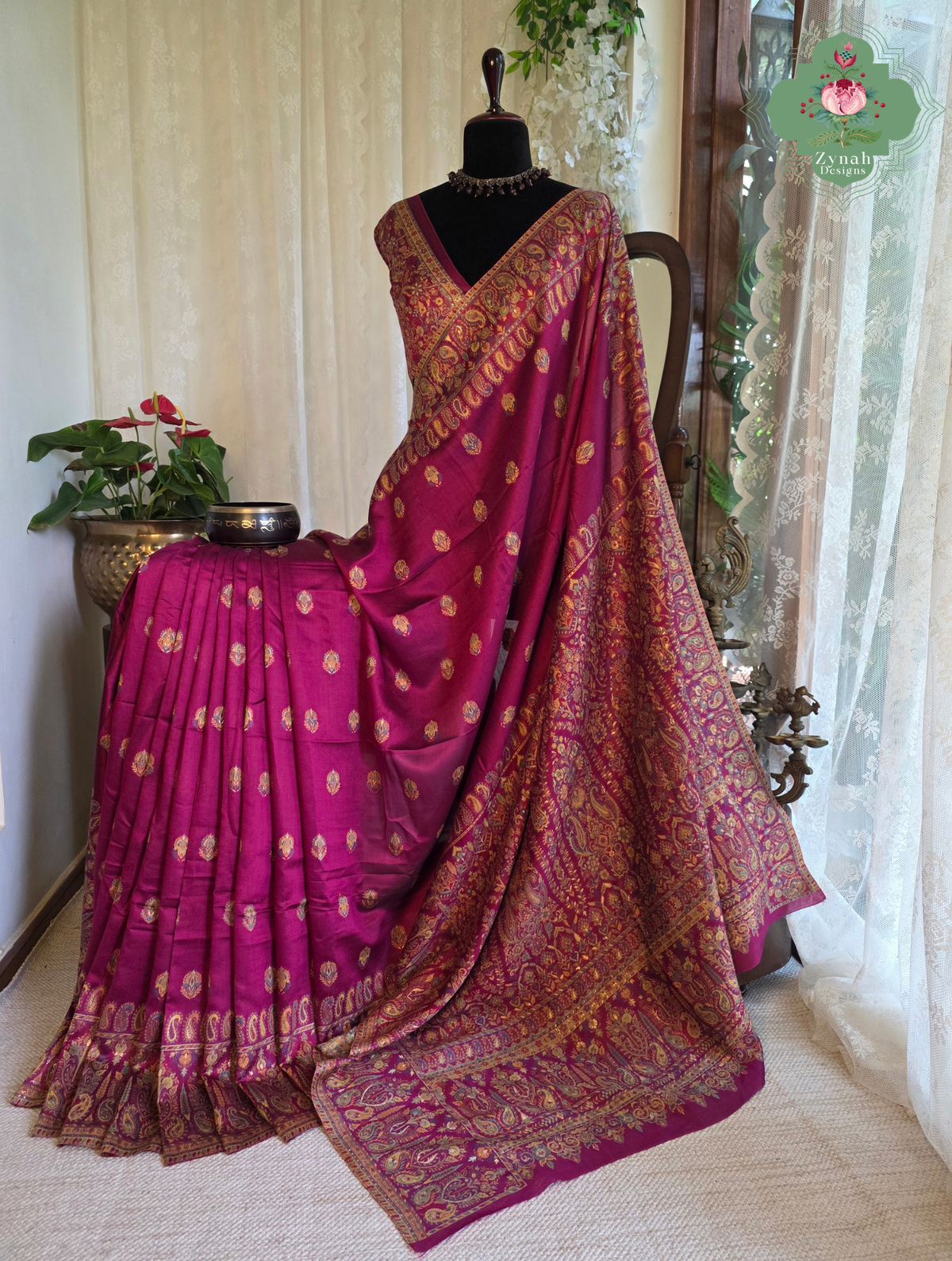 Alina | Hot Pink Kashmiri Pure Kani Silk Jamavar Weave Saree | Made To Order