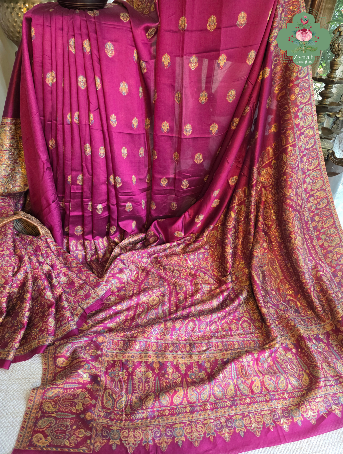 Alina | Hot Pink Kashmiri Pure Kani Silk Jamavar Weave Saree | Made To Order