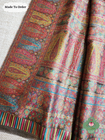 Zynah Suvarna – Antique Gold Woven Kashmiri Pure Kani Tissue Silk Jamavar Saree