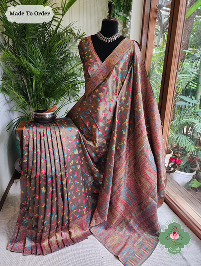 Zynah Made To Order Antique Gold Handwoven Kashmiri Pure Kani Tissue Silk Jamavar Saree; Custom Stitched/Ready-made Blouse, Fall, Petticoat; SKU: 0110202509