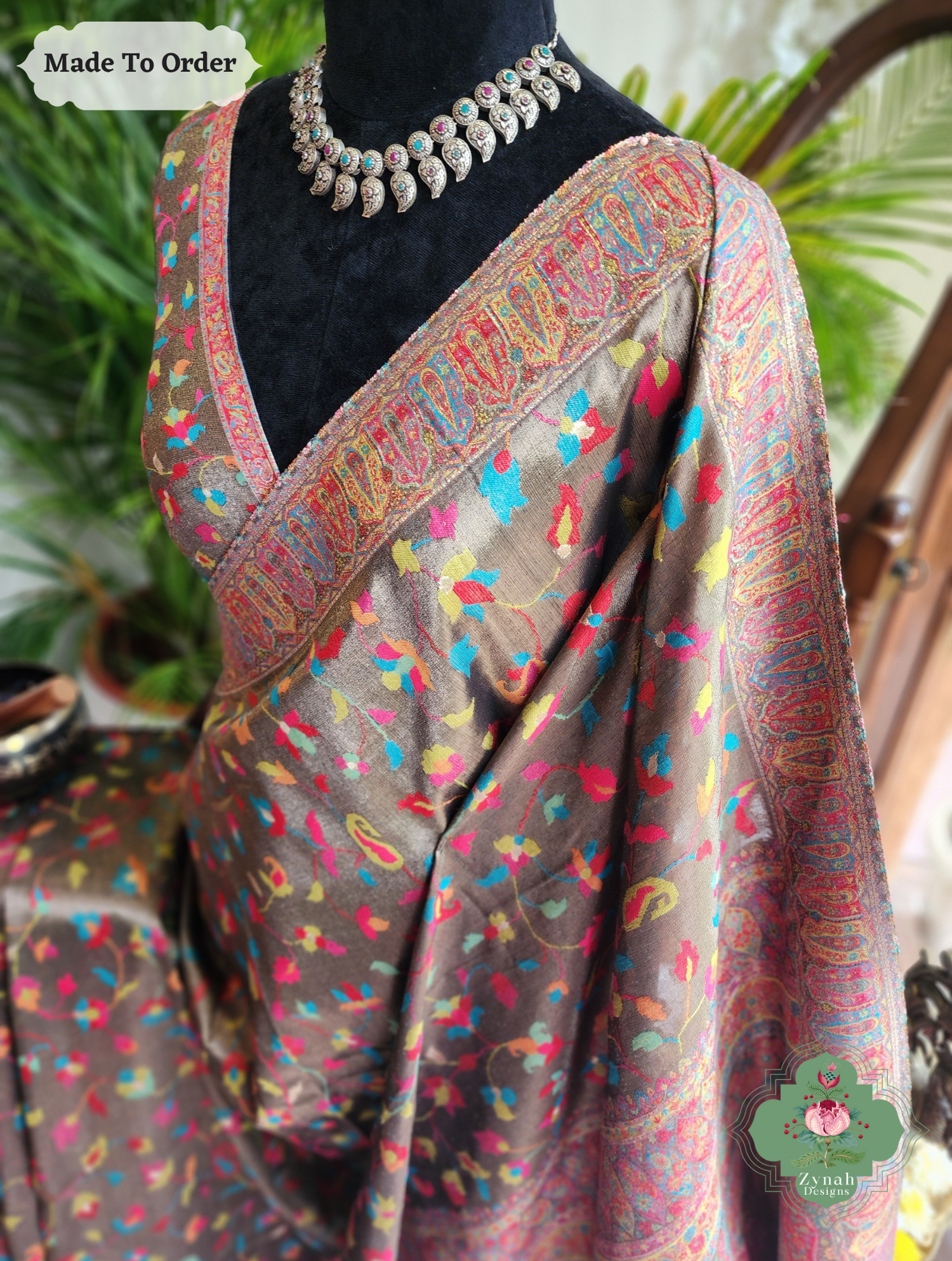 Zynah Made To Order Antique Gold Handwoven Kashmiri Pure Kani Tissue Silk Jamavar Saree; Custom Stitched/Ready-made Blouse, Fall, Petticoat; SKU: 0110202509