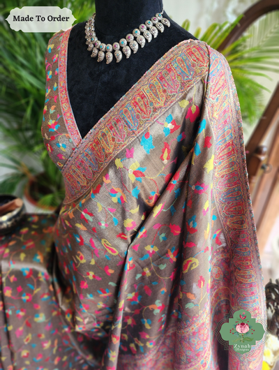 Zynah Made To Order Antique Gold Handwoven Kashmiri Pure Kani Tissue Silk Jamavar Saree; Custom Stitched/Ready-made Blouse, Fall, Petticoat; SKU: 0110202509