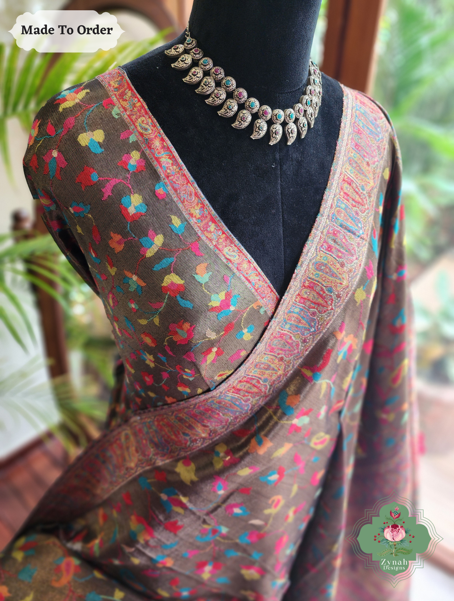 Zynah Suvarna – Antique Gold Woven Kashmiri Pure Kani Tissue Silk Jamavar Saree