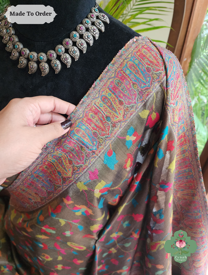 Zynah Suvarna – Antique Gold Woven Kashmiri Pure Kani Tissue Silk Jamavar Saree