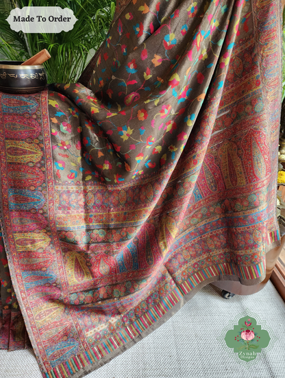 Zynah Suvarna – Antique Gold Woven Kashmiri Pure Kani Tissue Silk Jamavar Saree