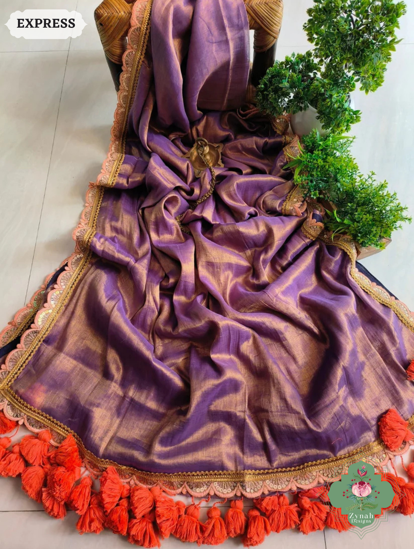 Zynah Metallic Antique Lavender Linen Tissue Saree With Scalloped Lace & Orange Tassels; Custom Stitched/Ready-made Blouse, Fall, Petticoat; SKU: 2703202501