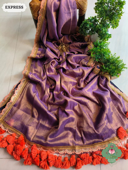 Zynah Metallic Antique Lavender Linen Tissue Saree With Scalloped Lace & Orange Tassels; Custom Stitched/Ready-made Blouse, Fall, Petticoat; SKU: 2703202501