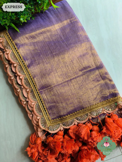 Zynah Metallic Antique Lavender Linen Tissue Saree With Scalloped Lace & Orange Tassels; Custom Stitched/Ready-made Blouse, Fall, Petticoat; SKU: 2703202501
