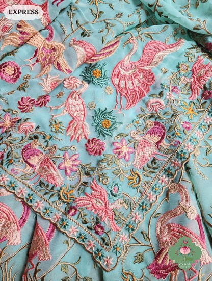 Zynah Aqua Pure Georgette Saree With Parsi Gara Inspired Embroidery; Custom Stitched/Ready-made Blouse, Fall, Petticoat; SKU: 2008202501