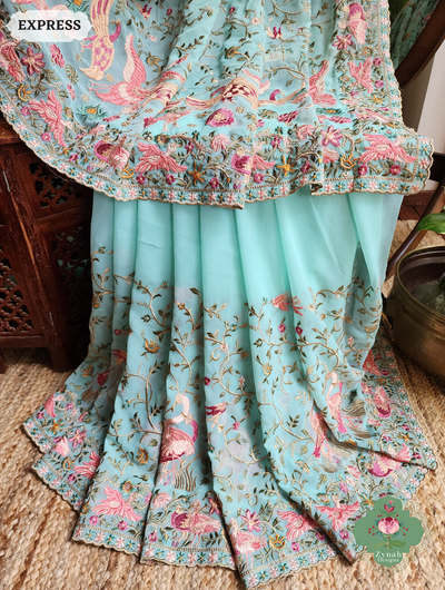 Zynah Aqua Pure Georgette Saree With Parsi Gara Inspired Embroidery; Custom Stitched/Ready-made Blouse, Fall, Petticoat; SKU: 2008202501