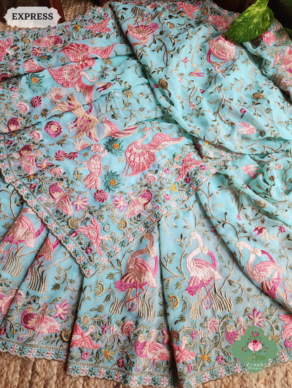 Zynah Aqua Pure Georgette Saree With Parsi Gara Inspired Embroidery; Custom Stitched/Ready-made Blouse, Fall, Petticoat; SKU: 2008202501
