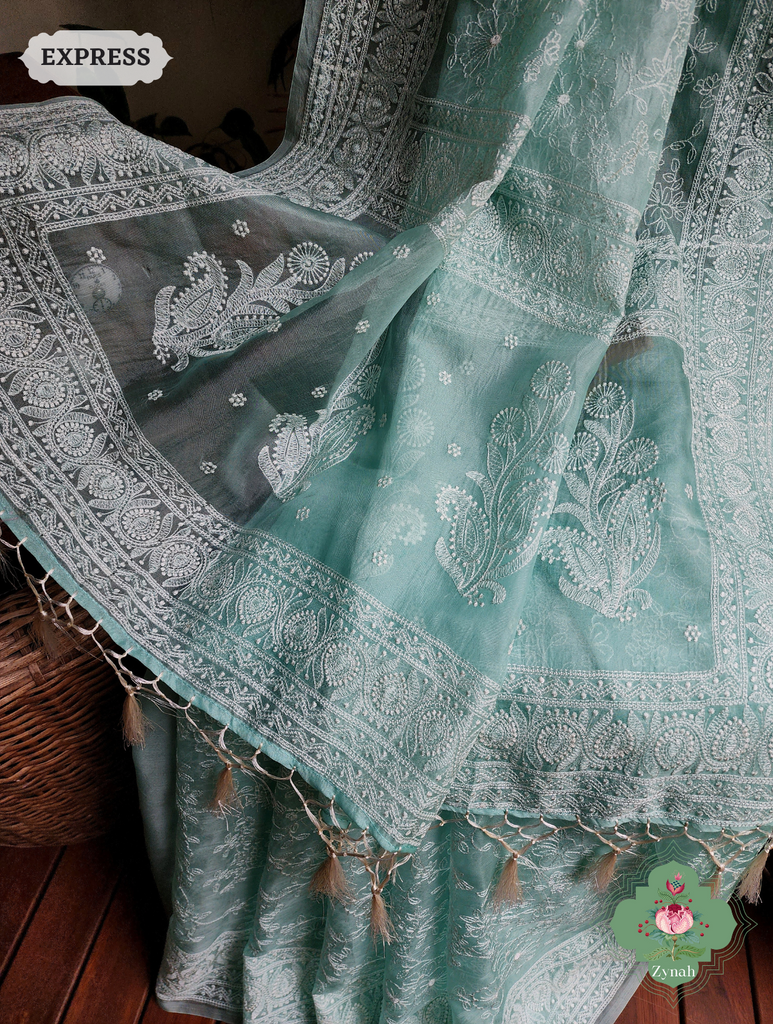 Zynah Aqua Green Pure Organza Silk Saree with Floral Jaal Thread Chikankari Embroidery; Custom Stitched/Ready-made Blouse, Fall, Petticoat; SKU: 0408202302