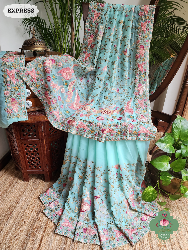 Zynah Aqua Pure Georgette Saree With Parsi Gara Inspired Embroidery; Custom Stitched/Ready-made Blouse, Fall, Petticoat; SKU: 2008202501
