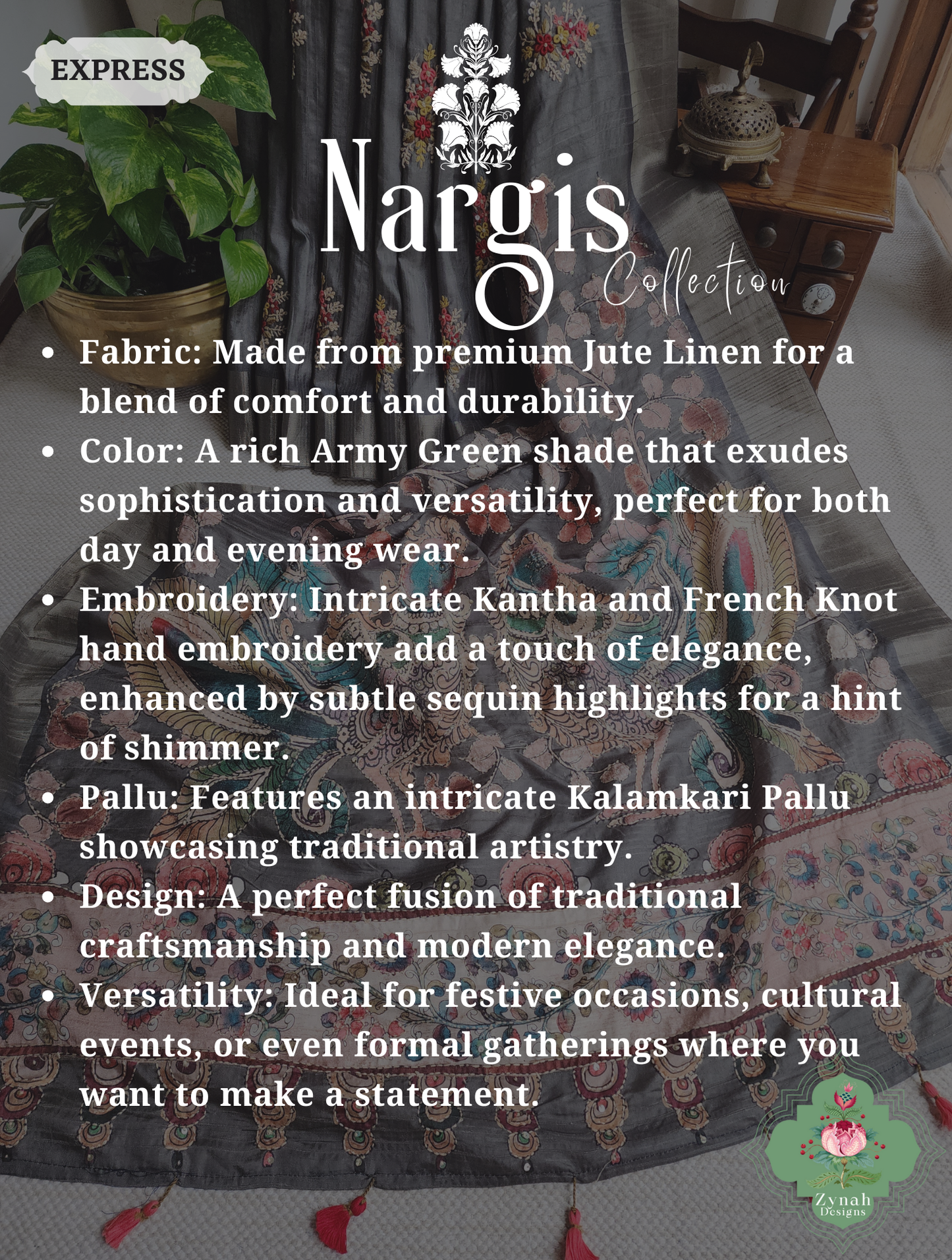 Zynah Army Green Jute Linen Saree With Kalamkari Pallu, Kantha & Sequins Highlight & Frenchknot Hand Embroidery; Custom Stitched/Ready-made Blouse, Fall, Petticoat; SKU: 0609202401