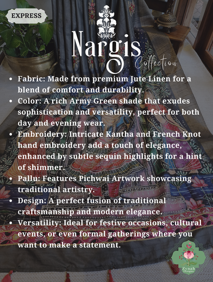 Zynah Army Green Jute Linen Saree With Pichwai Art Pallu, Kantha & Sequins Highlight & Frenchknot Hand Embroidery; Custom Stitched/Ready-made Blouse, Fall, Petticoat; SKU: 0609202402