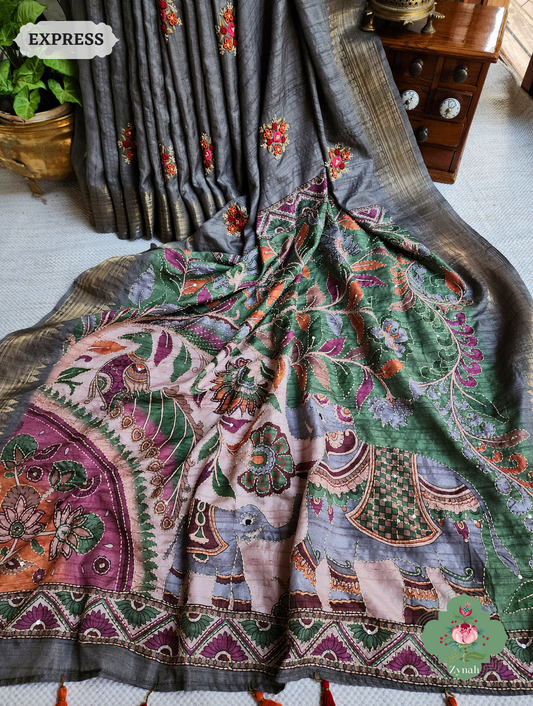 Ash Jute Linen Saree, Kalamkari Pallu With Kantha Work, All Over Frenchknot Embroidery Butis