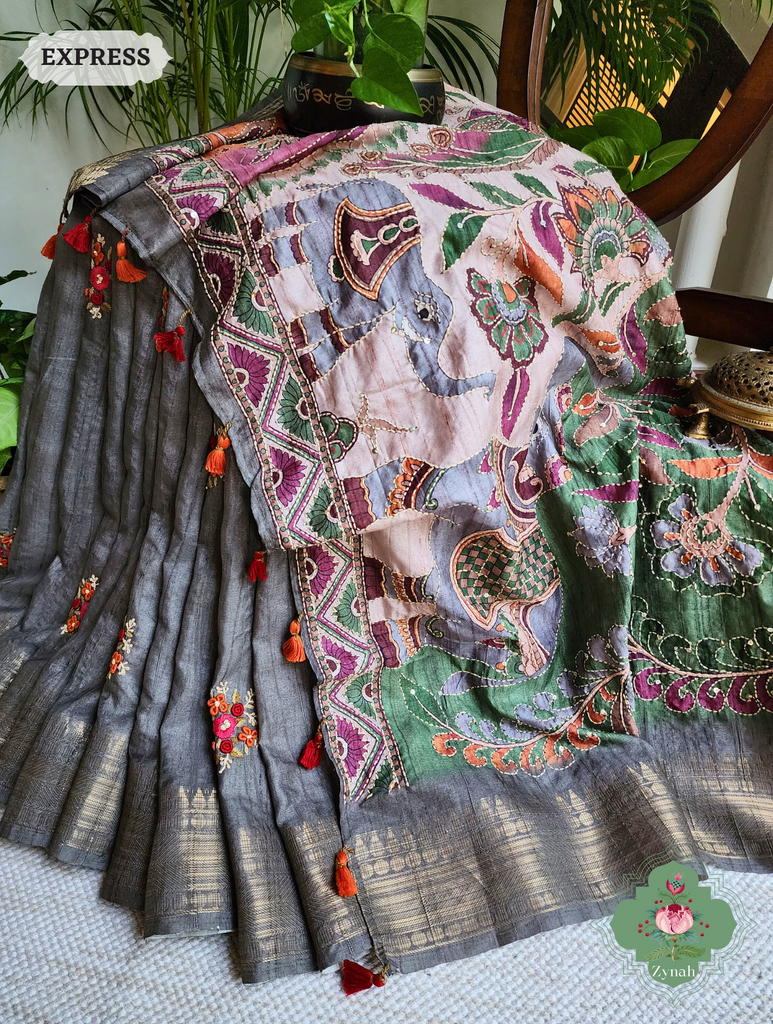 Ash Jute Linen Saree, Kalamkari Pallu With Kantha Work, All Over Frenchknot Embroidery Butis