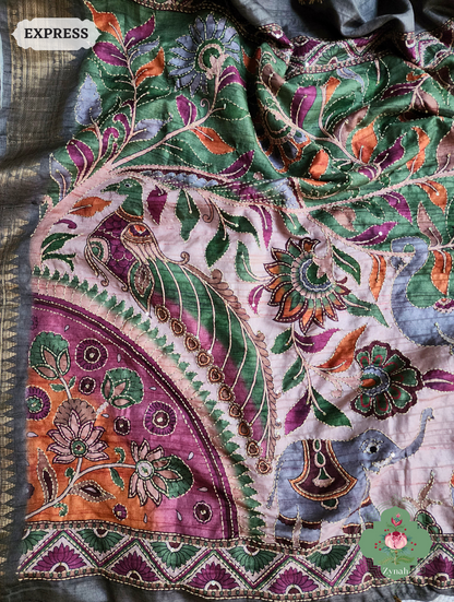 Ash Jute Linen Saree, Kalamkari Pallu With Kantha Work, All Over Frenchknot Embroidery Butis
