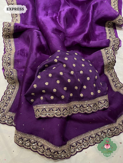 Aubergine Pure Organza Silk Saree With All Over Mukaish Work & Sequins Embroidered Border