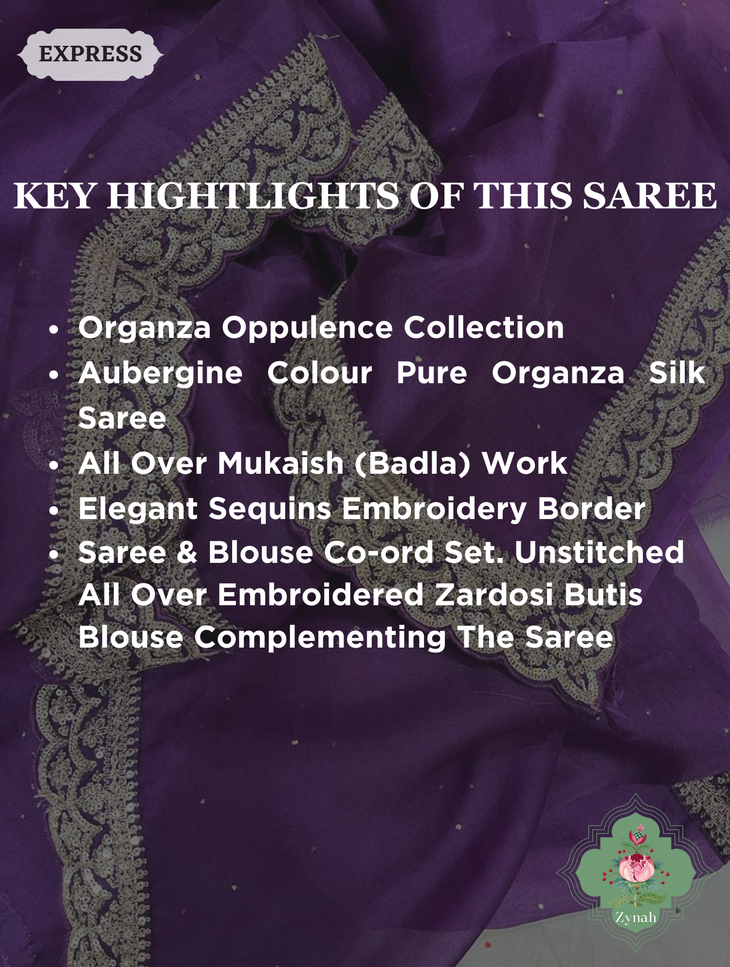 Aubergine Pure Organza Silk Saree With All Over Mukaish Work & Sequins Embroidered Border