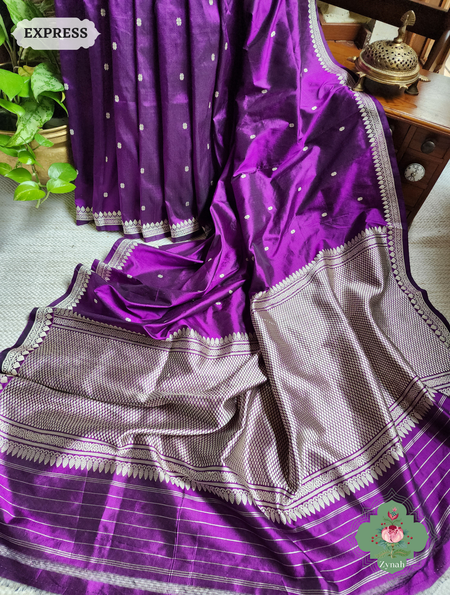 Zynah Aubergine Pure Banarasi Katan Silk Saree With Delicate Butis; Custom Stitched/Ready-made Blouse, Fall, Petticoat; SKU: 1507202302