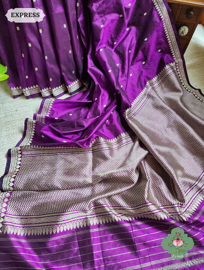Zynah Aubergine Pure Banarasi Katan Silk Saree With Delicate Butis; Custom Stitched/Ready-made Blouse, Fall, Petticoat; SKU: 1507202302