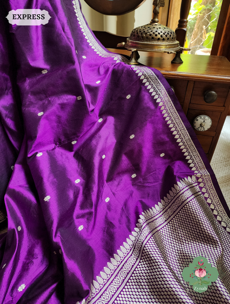 Zynah Aubergine Pure Banarasi Katan Silk Saree With Delicate Butis; Custom Stitched/Ready-made Blouse, Fall, Petticoat; SKU: 1507202302