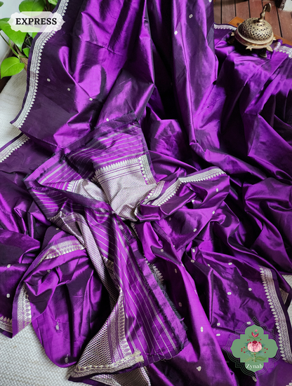 Zynah Aubergine Pure Banarasi Katan Silk Saree With Delicate Butis; Custom Stitched/Ready-made Blouse, Fall, Petticoat; SKU: 1507202302
