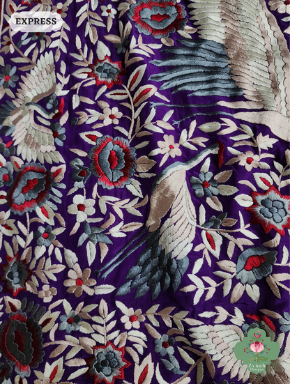 Aubergine Crepe Silk Hand Embroidered Parsi Gara Saree 11