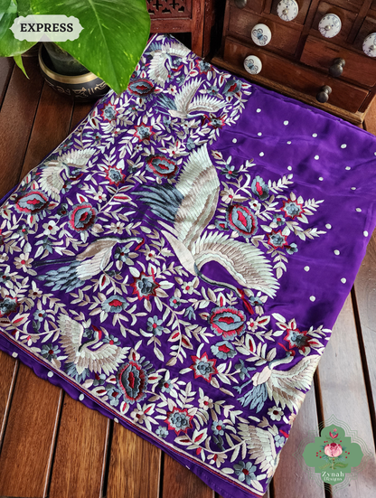 Aubergine Crepe Silk Hand Embroidered Parsi Gara Saree 12