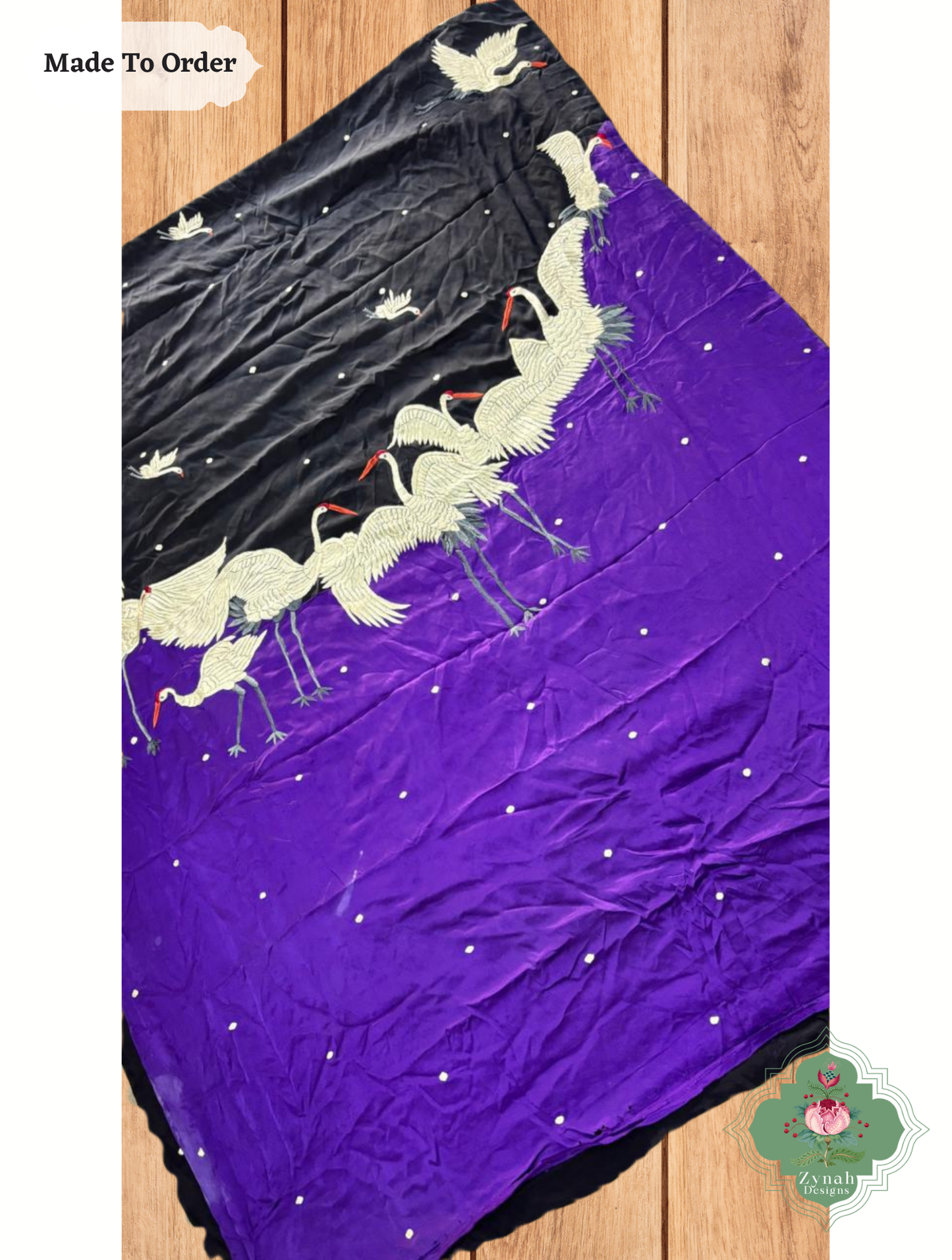 Zynah Shaheen-e-Bahar – Black & Aubergine Pure Crepe Silk Hand Embroidered Parsi Gara Saree with Designer Motifs of Cranes & Swans