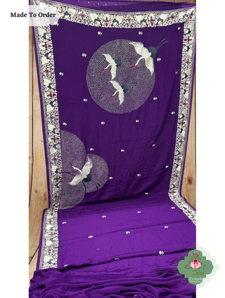Zynah Made To Order Aubergine Pure Crepe Silk Hand Embrodered Parsi Gara Saree; Custom Stitched/Ready-made Blouse, Fall, Petticoat; SKU: 0812202502
