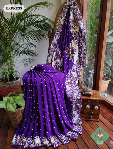 Aubergine Crepe Silk Hand Embroidered Parsi Gara Saree 1