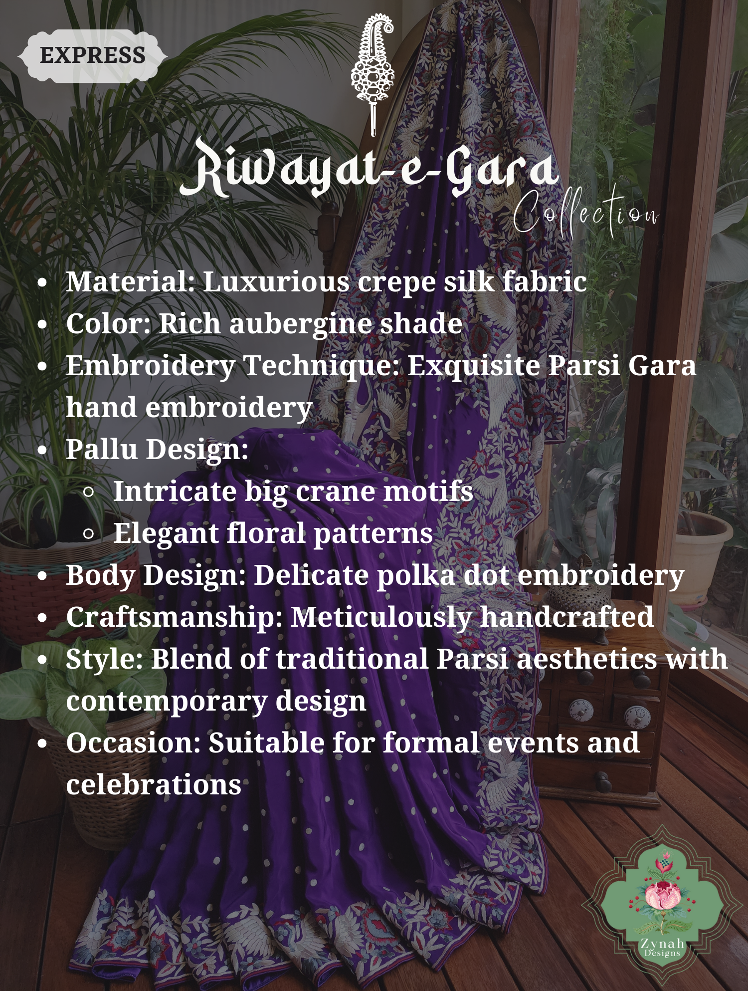 Aubergine Crepe Silk Hand Embroidered Parsi Gara Saree 2