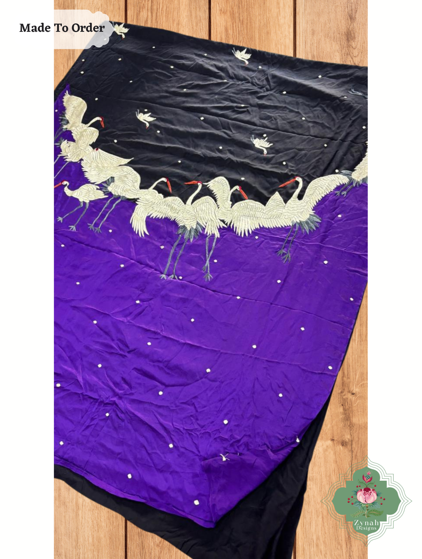 Zynah Shaheen-e-Bahar – Black & Aubergine Pure Crepe Silk Hand Embroidered Parsi Gara Saree with Designer Motifs of Cranes & Swans