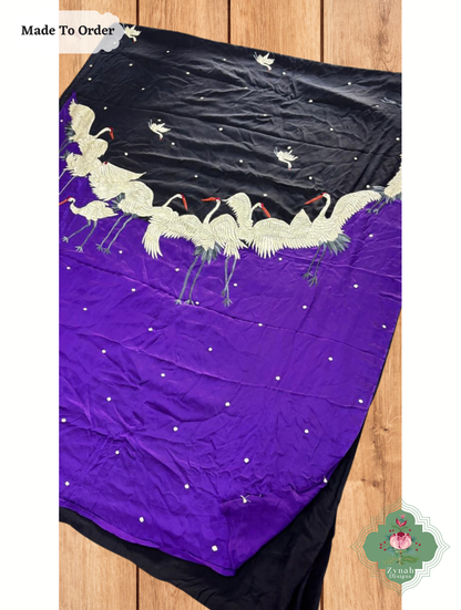Zynah Shaheen-e-Bahar – Black & Aubergine Pure Crepe Silk Hand Embroidered Parsi Gara Saree with Designer Motifs of Cranes & Swans