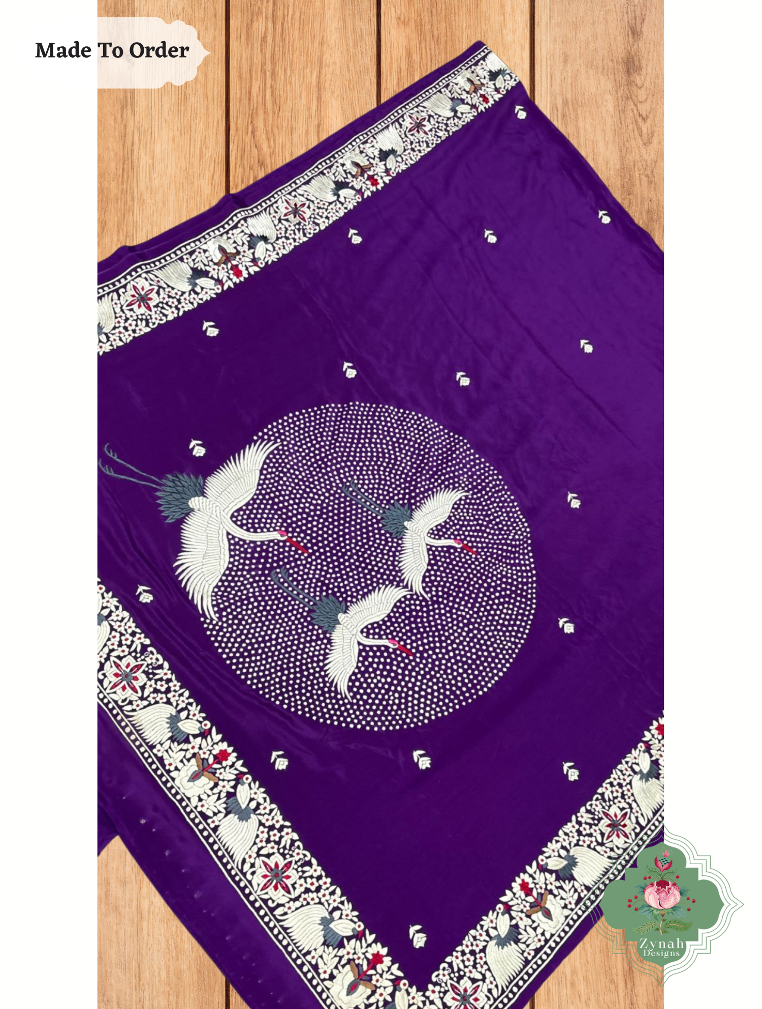Zynah Made To Order Aubergine Pure Crepe Silk Hand Embrodered Parsi Gara Saree; Custom Stitched/Ready-made Blouse, Fall, Petticoat; SKU: 0812202502