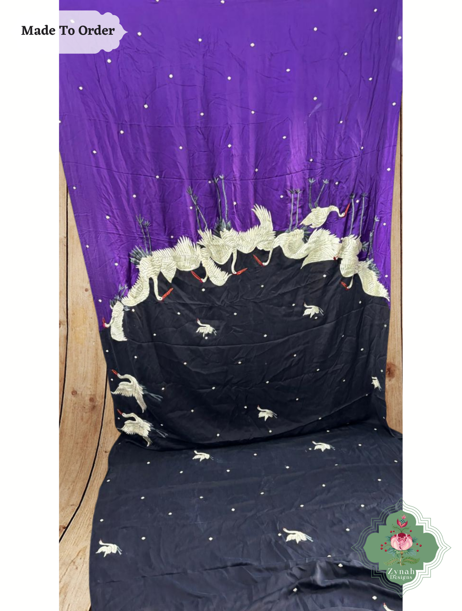 Zynah Made To Order Black & Aubergine Pure Crepe Silk Hand Embrodered Parsi Gara Saree With Designer Motifs of Cranes & Swans; Custom Stitched/Ready-made Blouse, Fall, Petticoat; SKU: 0812202501