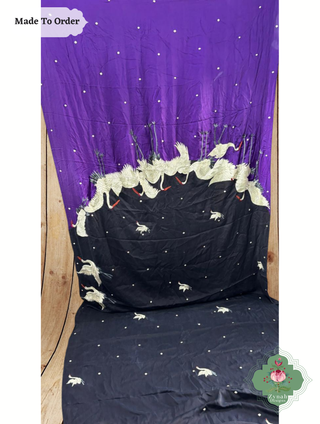 Zynah Made To Order Black & Aubergine Pure Crepe Silk Hand Embrodered Parsi Gara Saree With Designer Motifs of Cranes & Swans; Custom Stitched/Ready-made Blouse, Fall, Petticoat; SKU: 0812202501