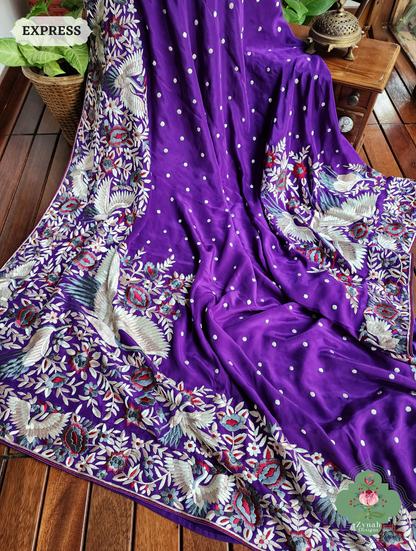 Aubergine Crepe Silk Hand Embroidered Parsi Gara Saree 6