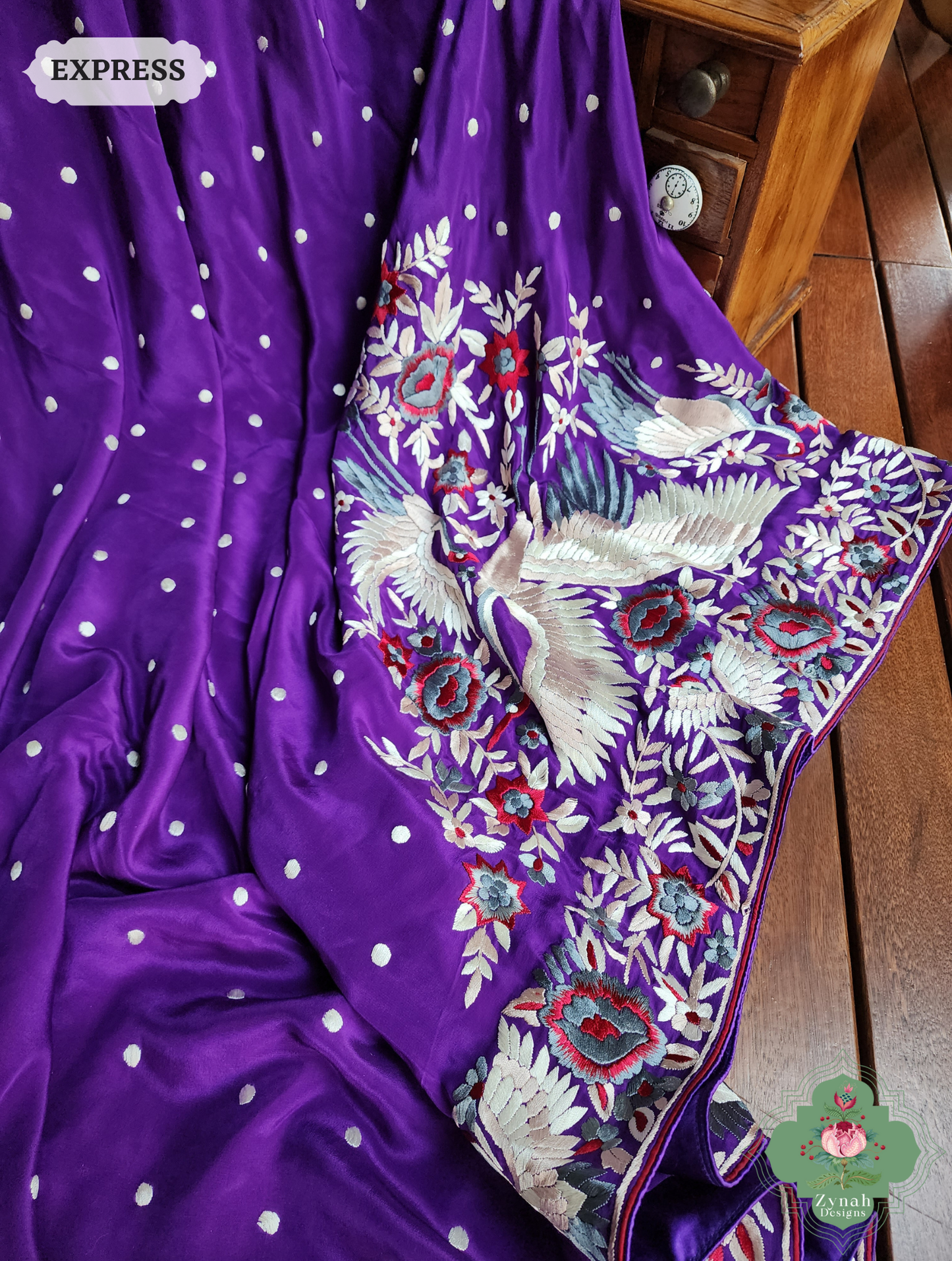 Aubergine Crepe Silk Hand Embroidered Parsi Gara Saree 8