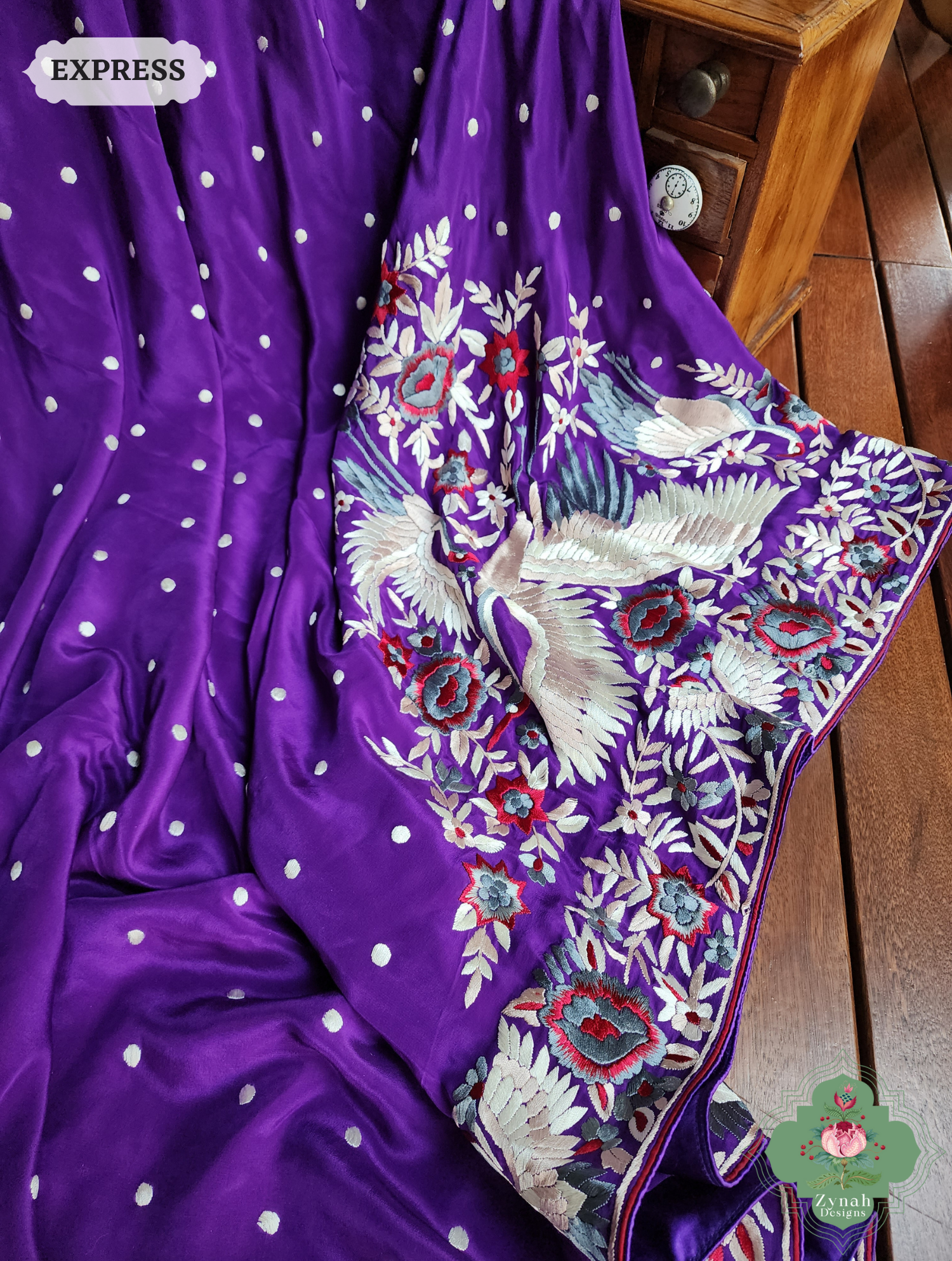 Aubergine Crepe Silk Hand Embroidered Parsi Gara Saree 8