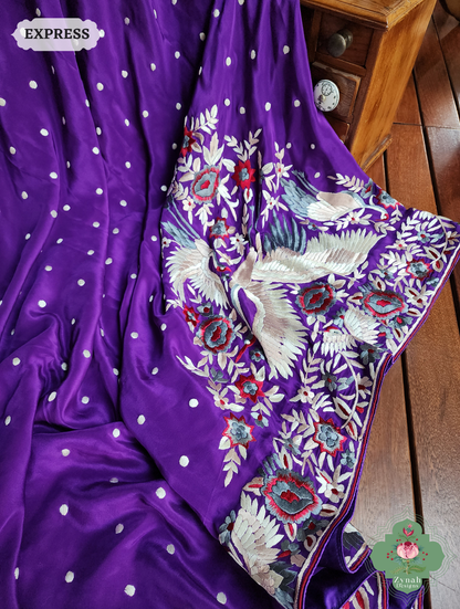 Aubergine Crepe Silk Hand Embroidered Parsi Gara Saree 8