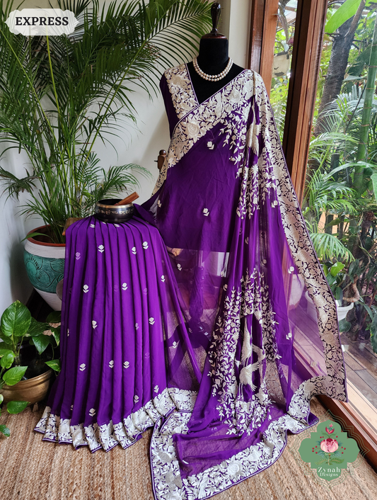 Zynah Nafees – Aubergine Pure Georgette Hand Embroidered Parsi Gara Saree with Crane Motifs