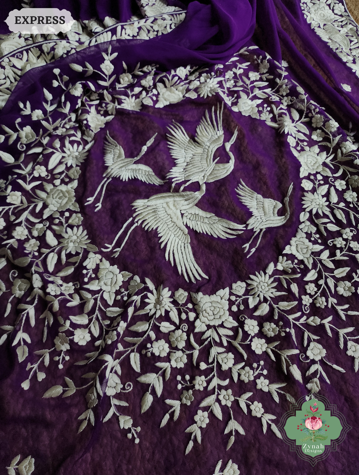 Zynah Nafees – Aubergine Pure Georgette Hand Embroidered Parsi Gara Saree with Crane Motifs