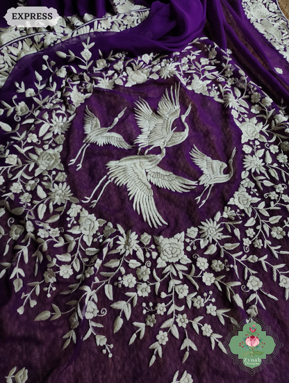 Zynah Nafees – Aubergine Pure Georgette Hand Embroidered Parsi Gara Saree with Crane Motifs