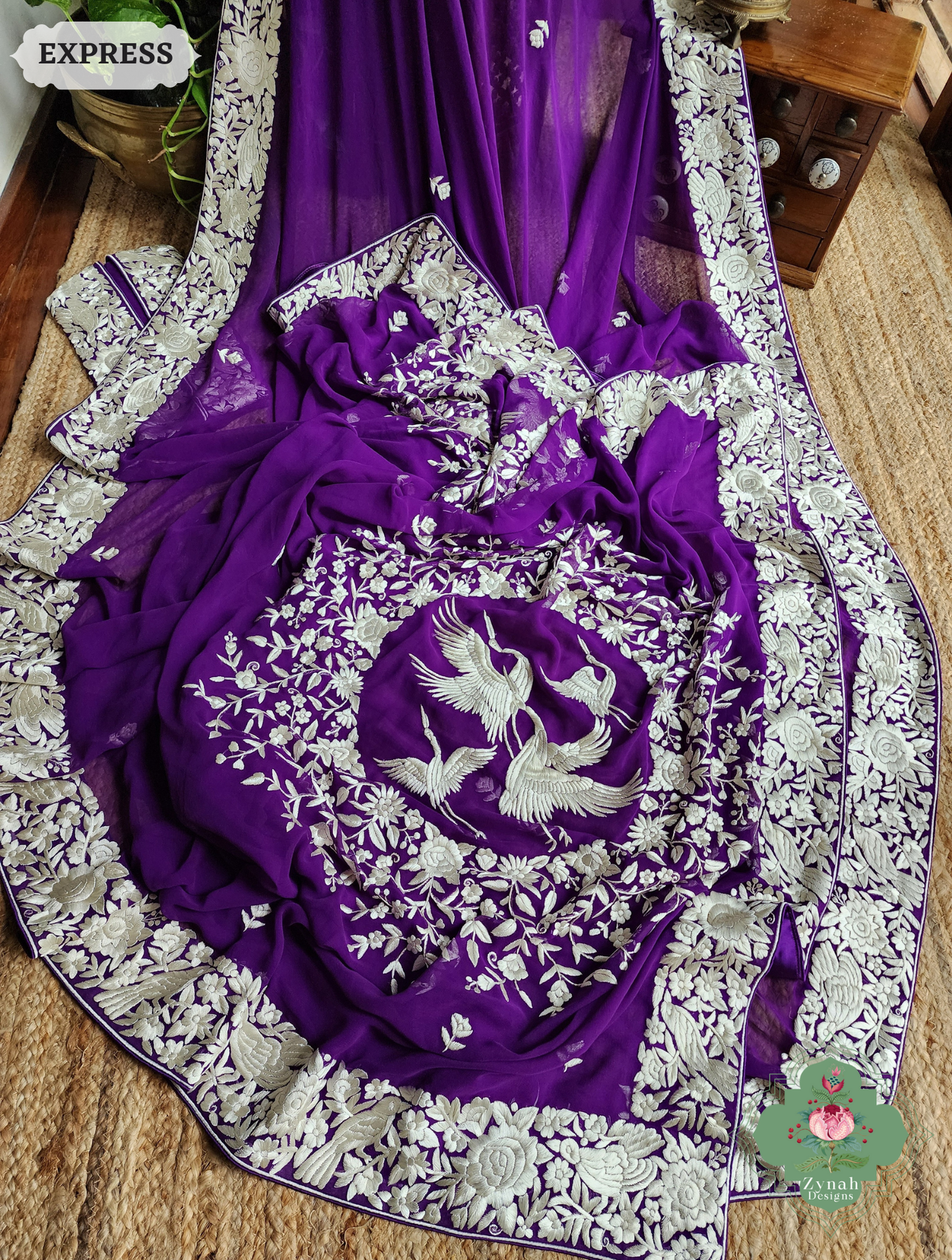 Zynah Nafees – Aubergine Pure Georgette Hand Embroidered Parsi Gara Saree with Crane Motifs
