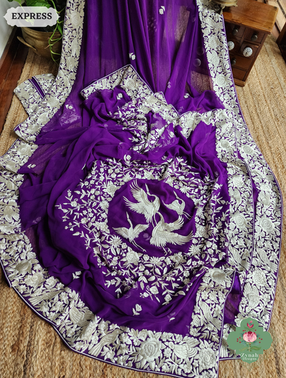 Zynah Nafees – Aubergine Pure Georgette Hand Embroidered Parsi Gara Saree with Crane Motifs
